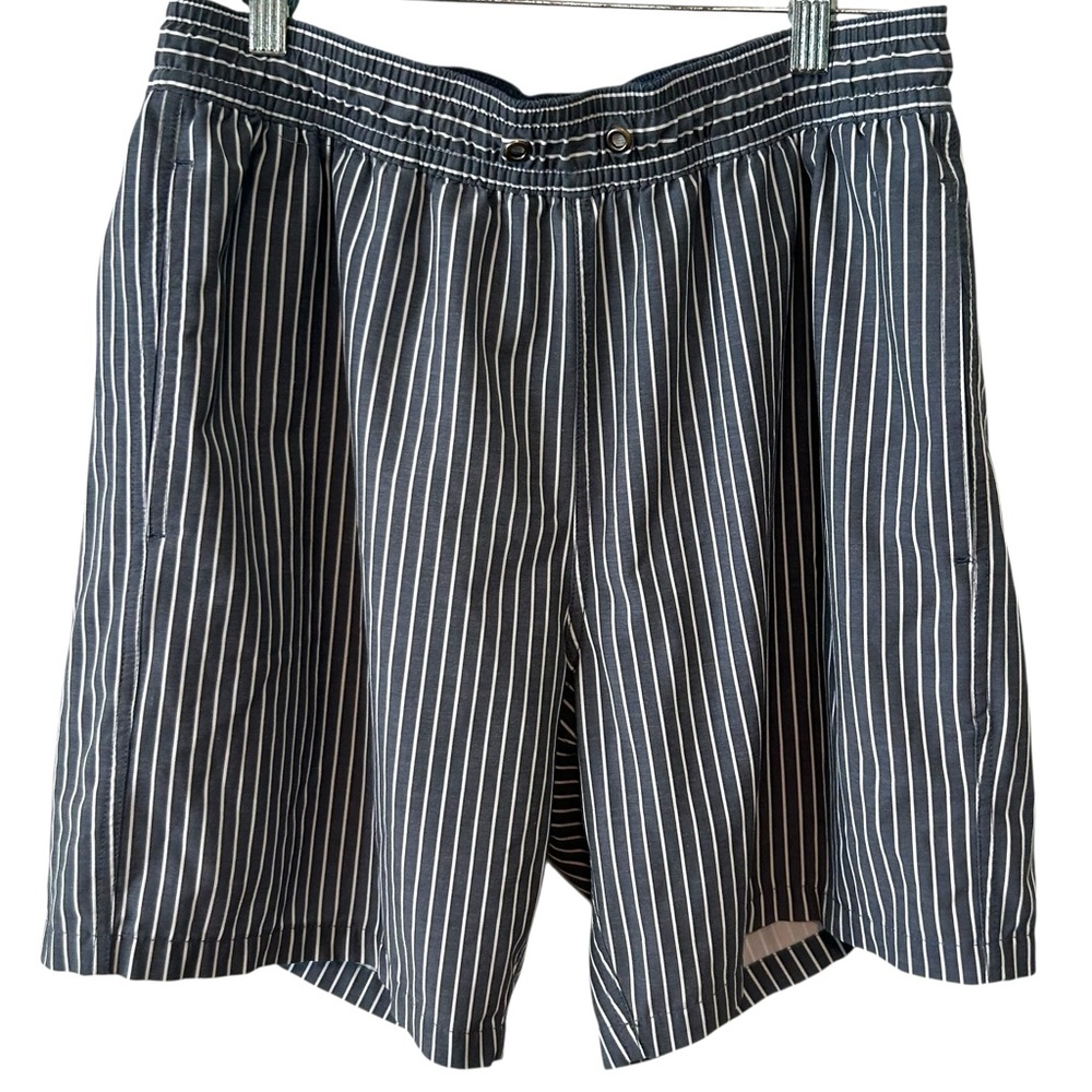 Fair Harbor Men's Grey and White Stripe Swim Trunks in‎ Size L